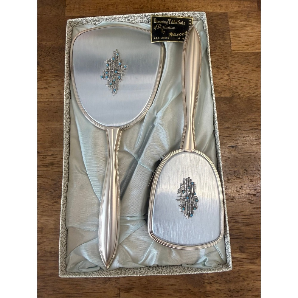 Vintage Mascot London‎ Dressing Table Set Silver Mirror Hair Brush Boxed England